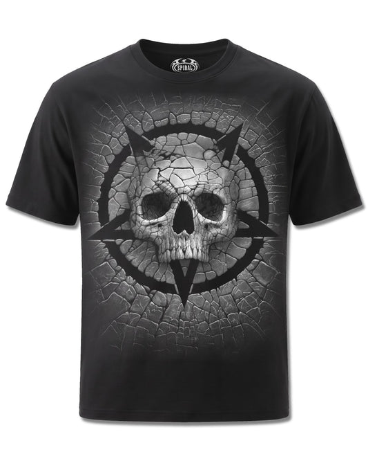 Spiral Cracking Up design, front view on Black M121, Rock Off Retail official merch