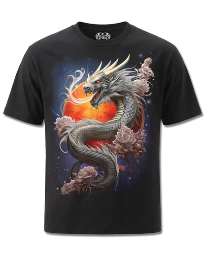 Spiral Sun Dragon design, front view on Black M121, Rock Off Retail official merch