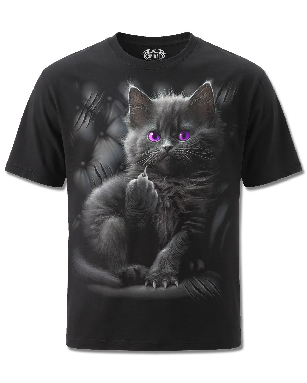 Spiral Cattitude design, front view on Black M121, Rock Off Retail official merch