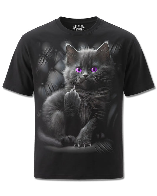 Spiral Cattitude design, front view on Black M121, Rock Off Retail official merch