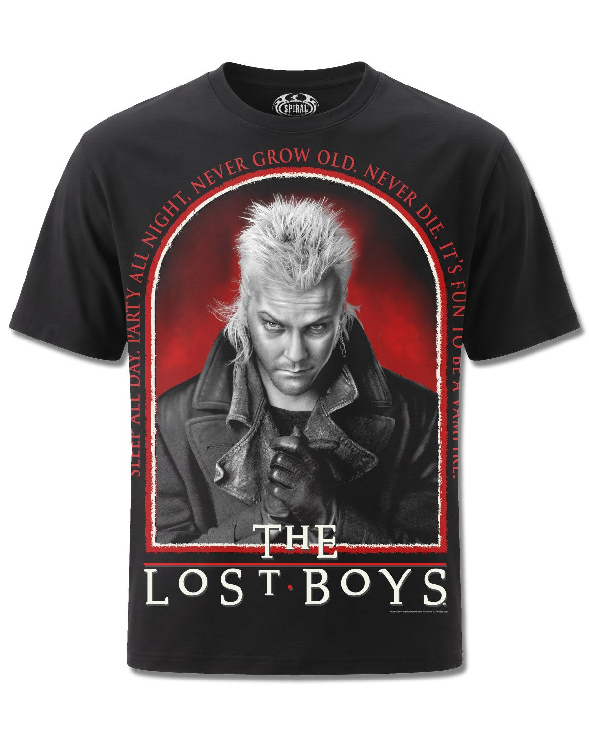 The Lost Boys Fun To Be A Vampire (The Lost Boys) design, front view on Black M121, Rock Off Retail official merch