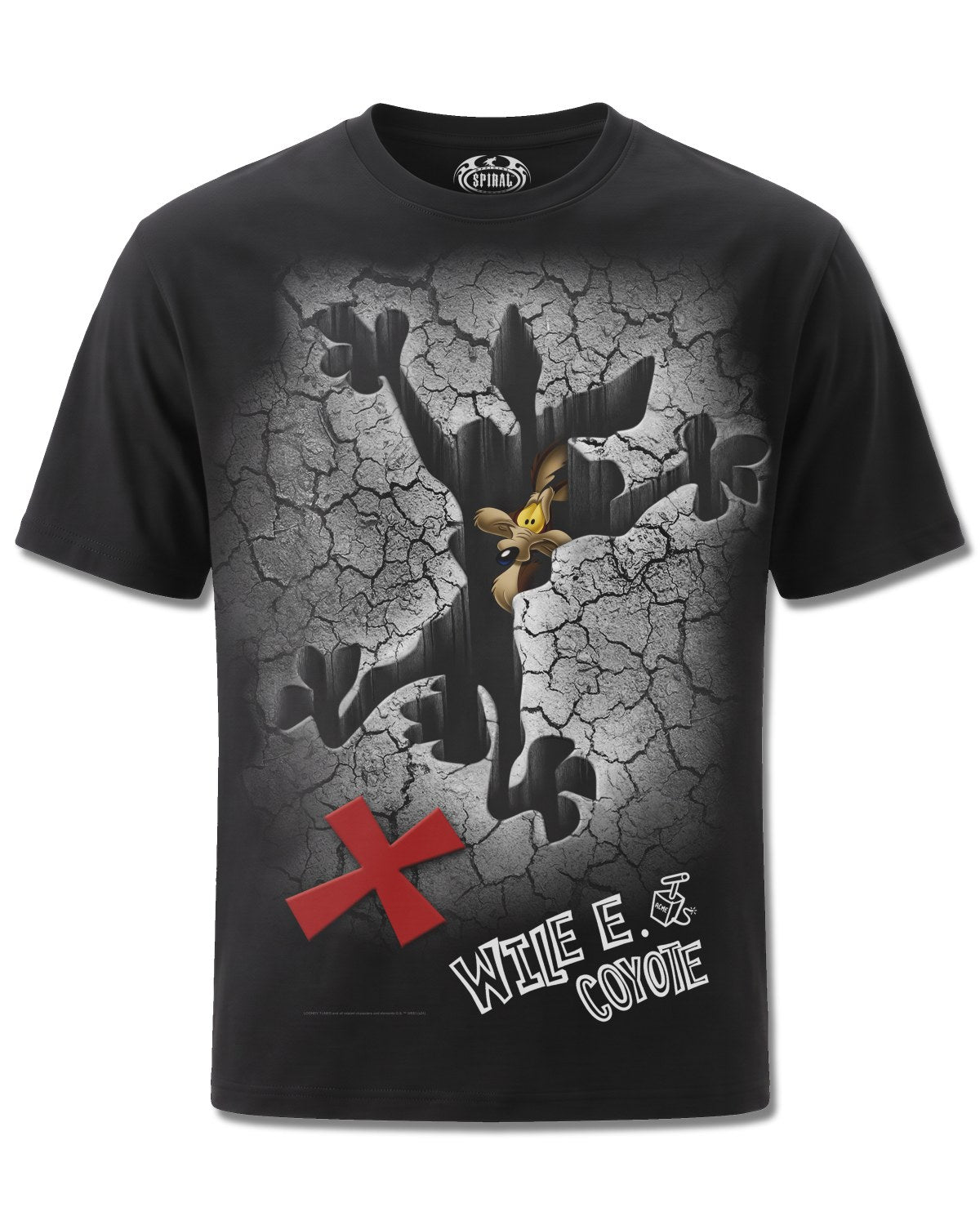 Looney Tunes Coyote Missed The Spot (Looney Tunes) design, front view on Black M121, Rock Off Retail official merch