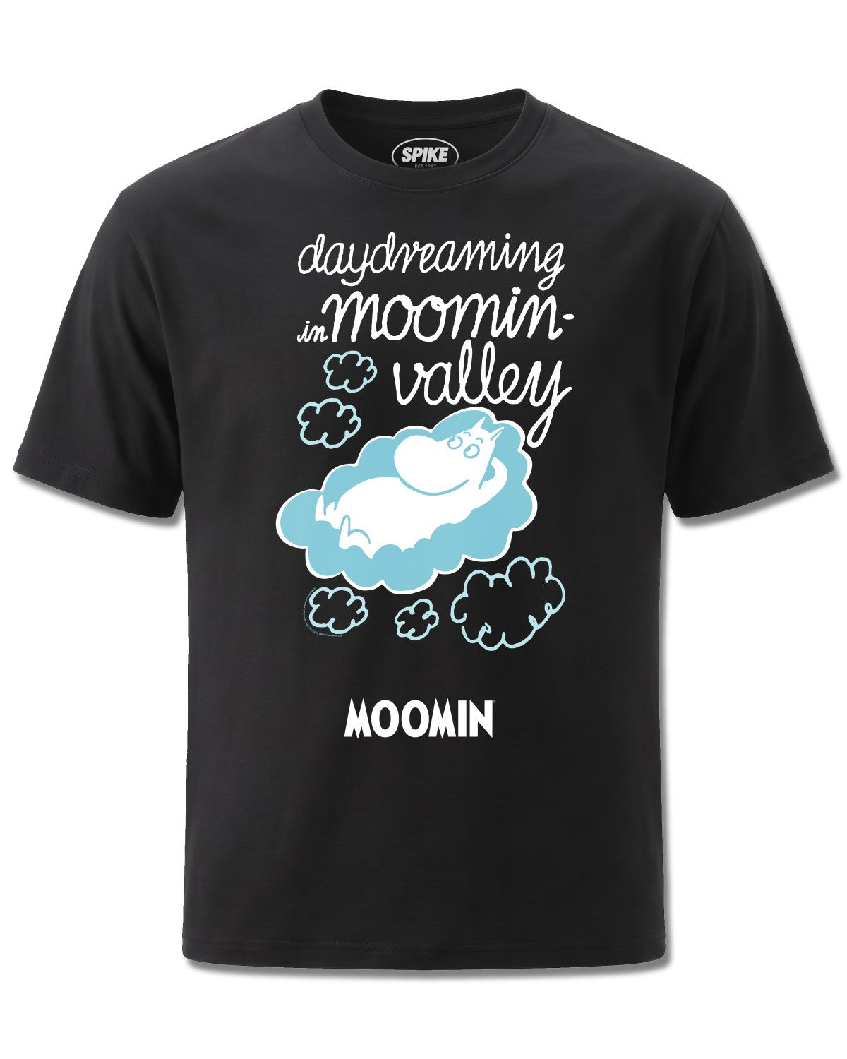 Moomin Day Dreaming In Moomin Valley (Moomin) design, front view on Black M121, Rock Off Retail official merch