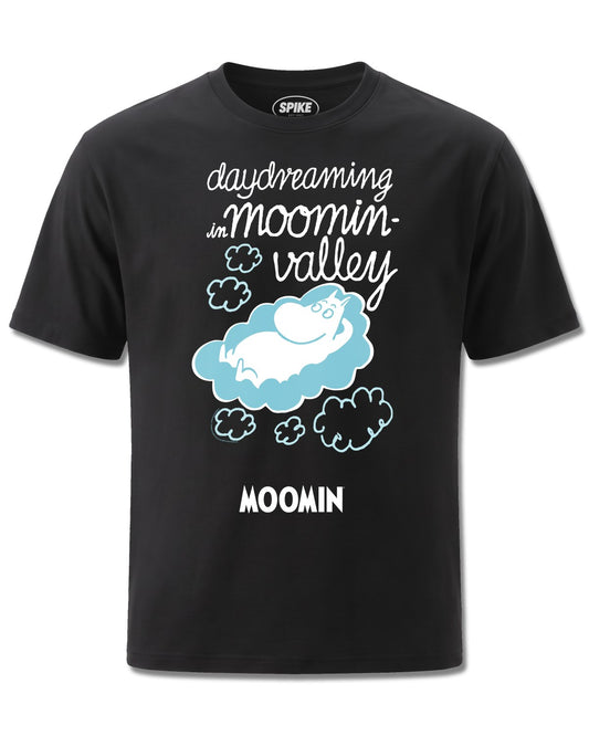 Moomin Day Dreaming In Moomin Valley (Moomin) design, front view on Black M121, Rock Off Retail official merch