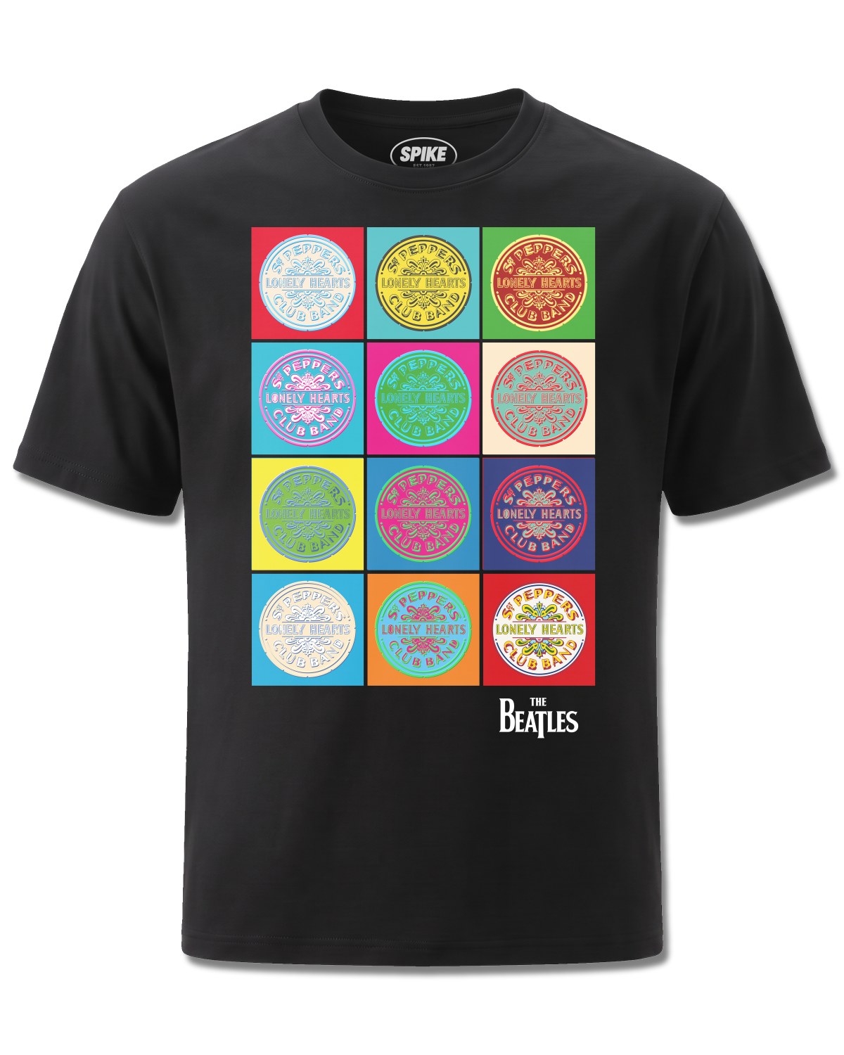 Beatles Sgt Peppers Pop Art (The Beatles) design, front view on Black M121, Rock Off Retail official merch