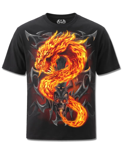 Spiral Fire Dragon design, front view on Black M121, Rock Off Retail official merch