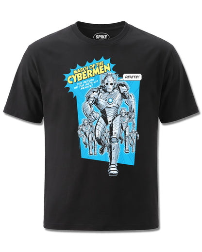 Dr Who Doctor Who March Of The Cybermen (Dr Who) design, front view on Black M121, Rock Off Retail official merch