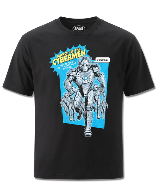 Dr Who Doctor Who March Of The Cybermen (Dr Who) design, front view on Black M121, Rock Off Retail official merch