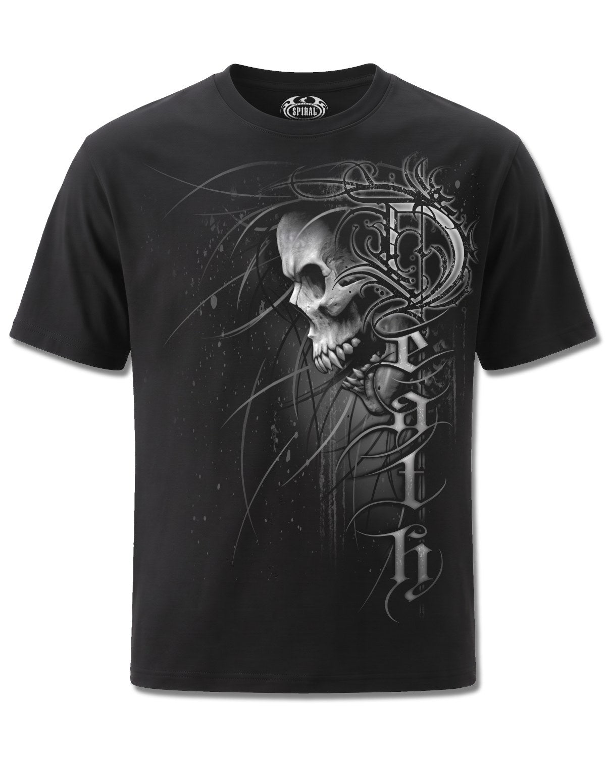 Spiral Death Forever design, front view on Black M121, Rock Off Retail official merch