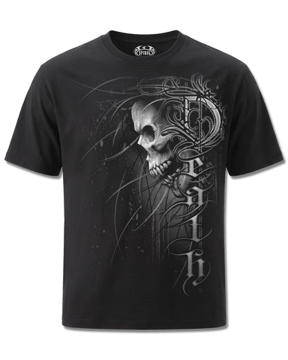 Spiral Death Forever design, front view on Black M121, Rock Off Retail official merch