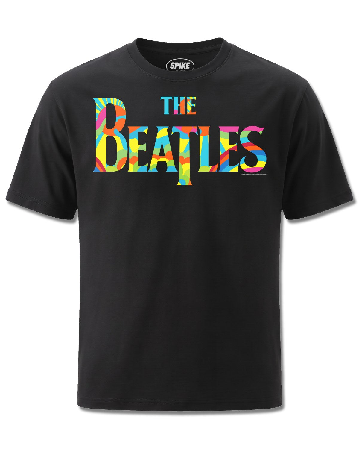 Beatles Rainbow Logo (The Beatles) design, front view on Black M121, Rock Off Retail official merch