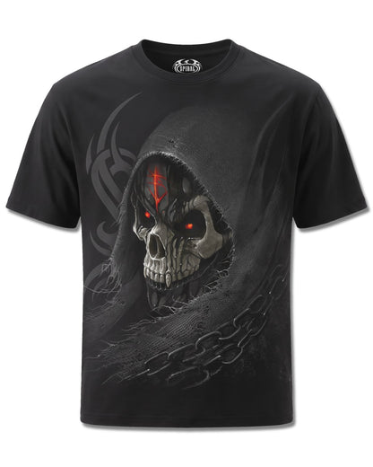 Spiral Dark Death design, front view on Black M121, Rock Off Retail official merch