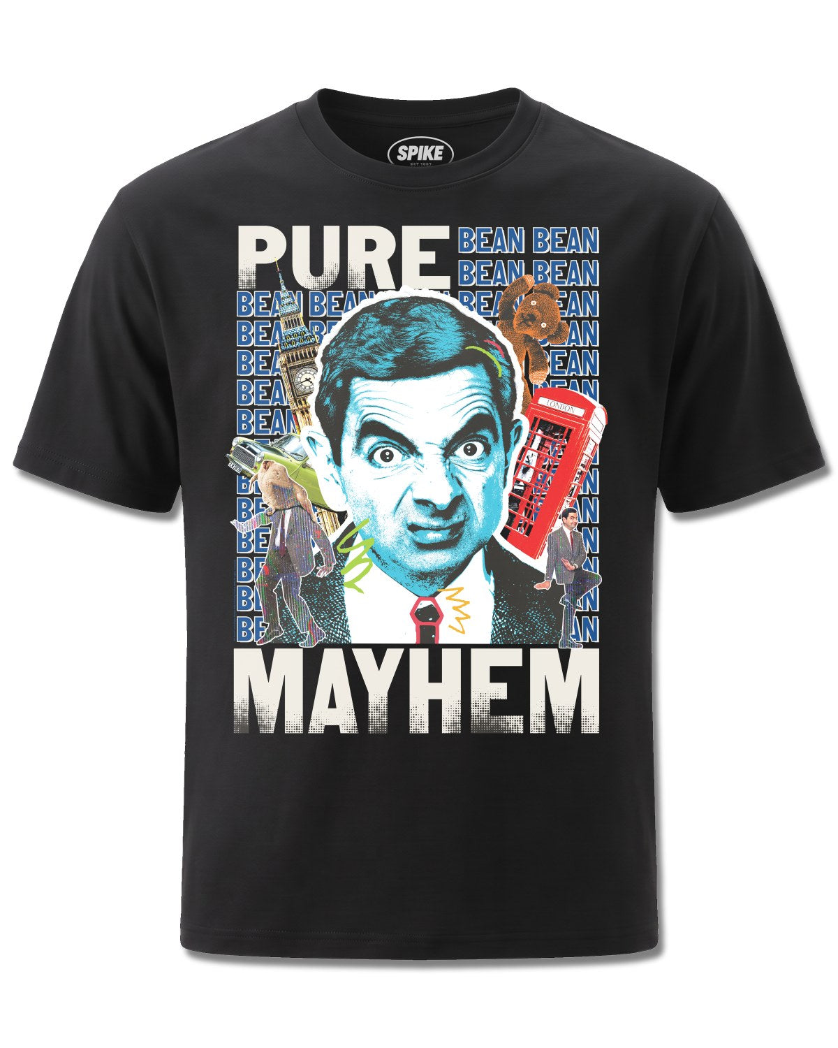 Mr Bean Pure Mayhem (Mr Bean) design, front view on Black M121, Rock Off Retail official merch