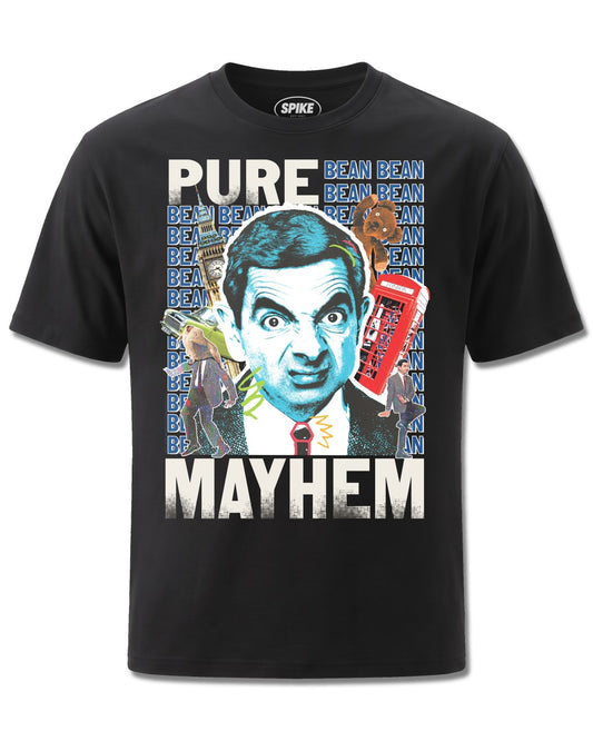Mr Bean Pure Mayhem (Mr Bean) design, front view on Black M121, Rock Off Retail official merch