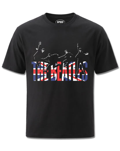 Beatles Jumping Union Jack (The Beatles) design, front view on Black M121, Rock Off Retail official merch