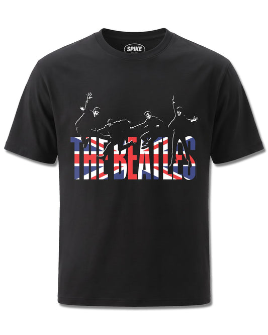 Beatles Jumping Union Jack (The Beatles) design, front view on Black M121, Rock Off Retail official merch