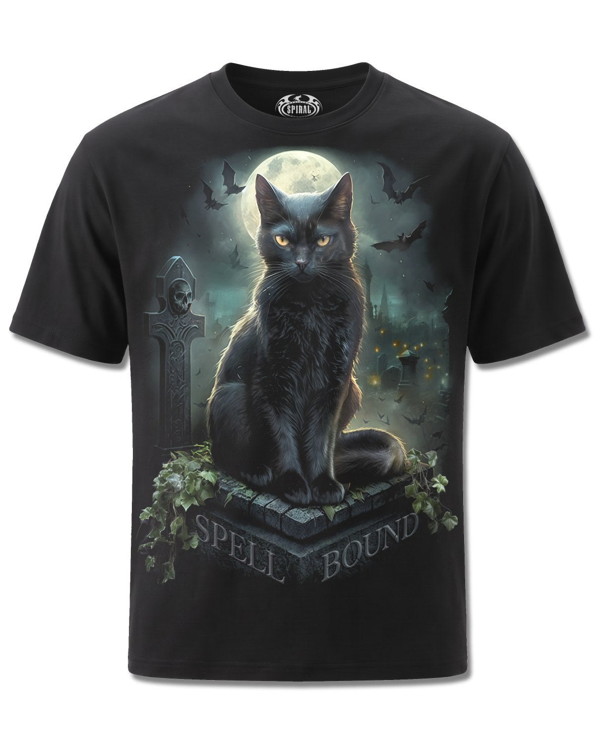 Spiral Spell Bound design, front view on Black M121, Rock Off Retail official merch