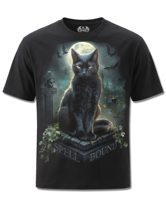 Spiral Spell Bound design, front view on Black M121, Rock Off Retail official merch