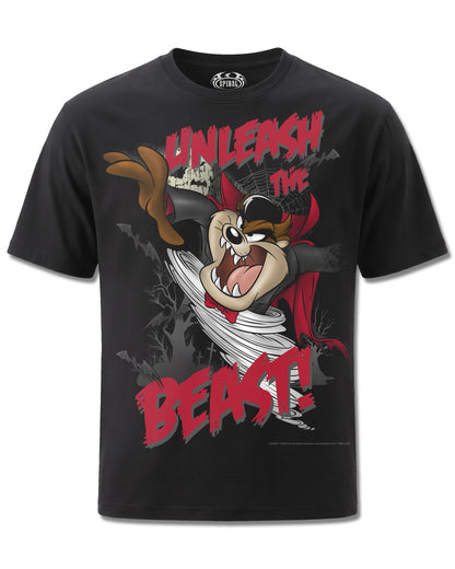 Looney Tunes Taz Unleash The Beast (Looney Tunes) design, front view on Black M121, Rock Off Retail official merch