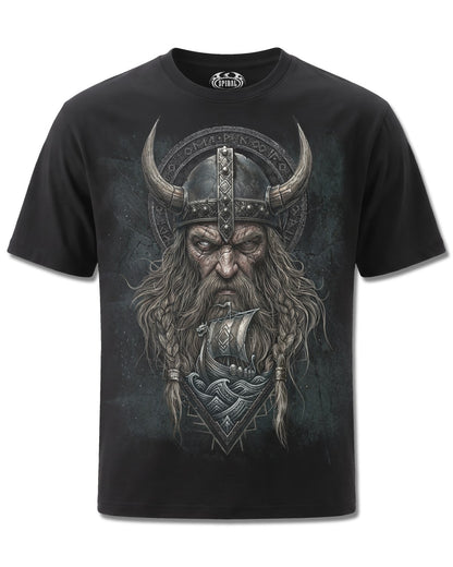 Spiral Viking Norseman design, front view on Black M121, Rock Off Retail official merch