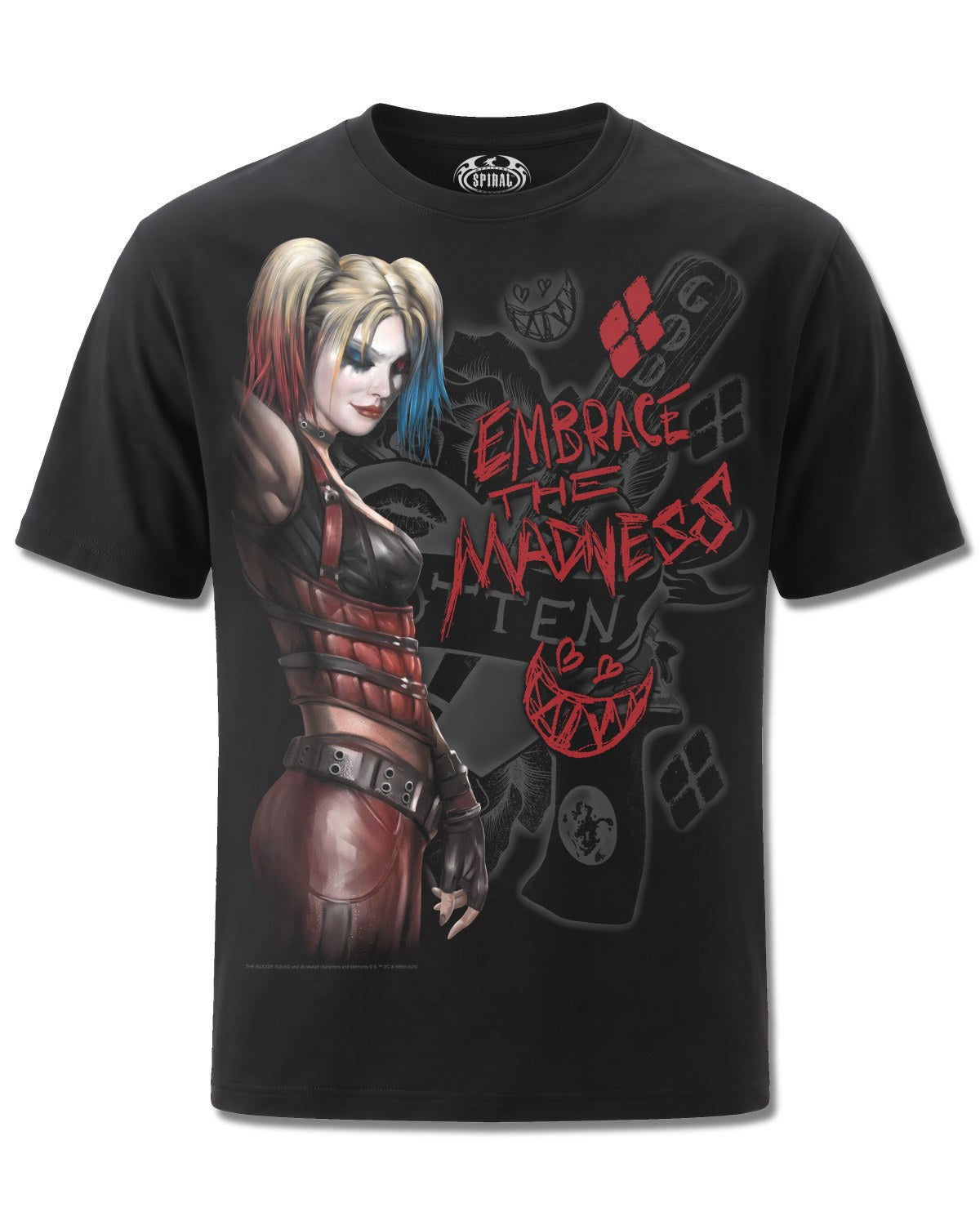 DC Comics Harley Quinn Embrace Madness (Harley Quinn) design, front view on Black M121, Rock Off Retail official merch
