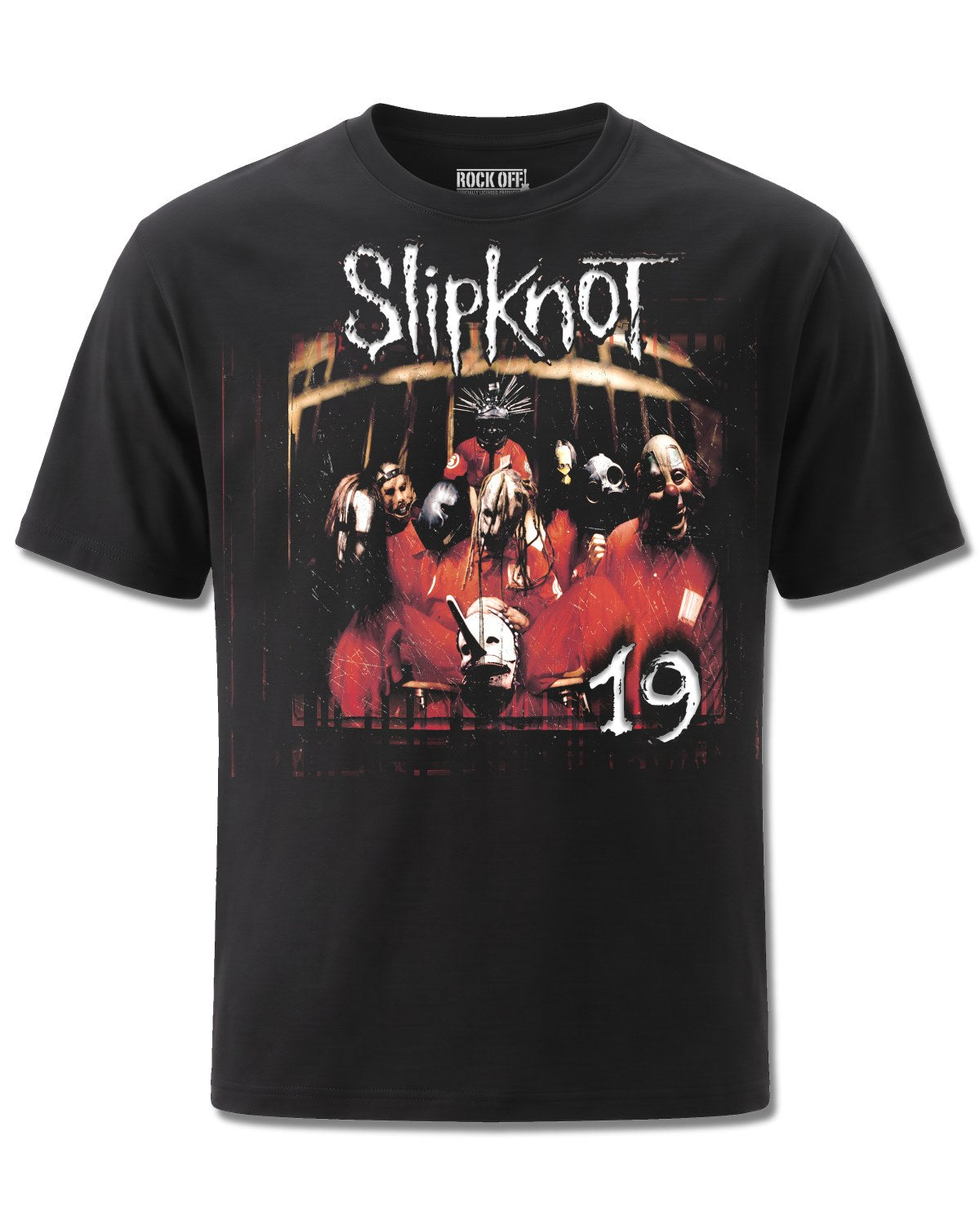 Slipknot Debut Album 19 Years (Slipknot) design, front view on Black M121, Rock Off Retail official merch