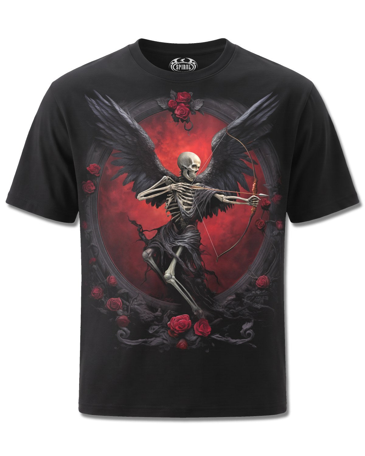 Spiral Cupid's Curse design, front view on Black M121, Rock Off Retail official merch