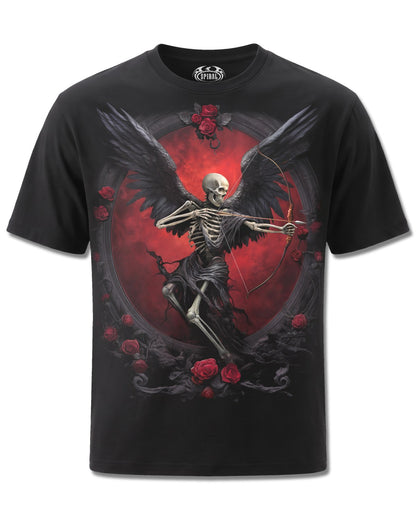 Spiral Cupid's Curse design, front view on Black M121, Rock Off Retail official merch