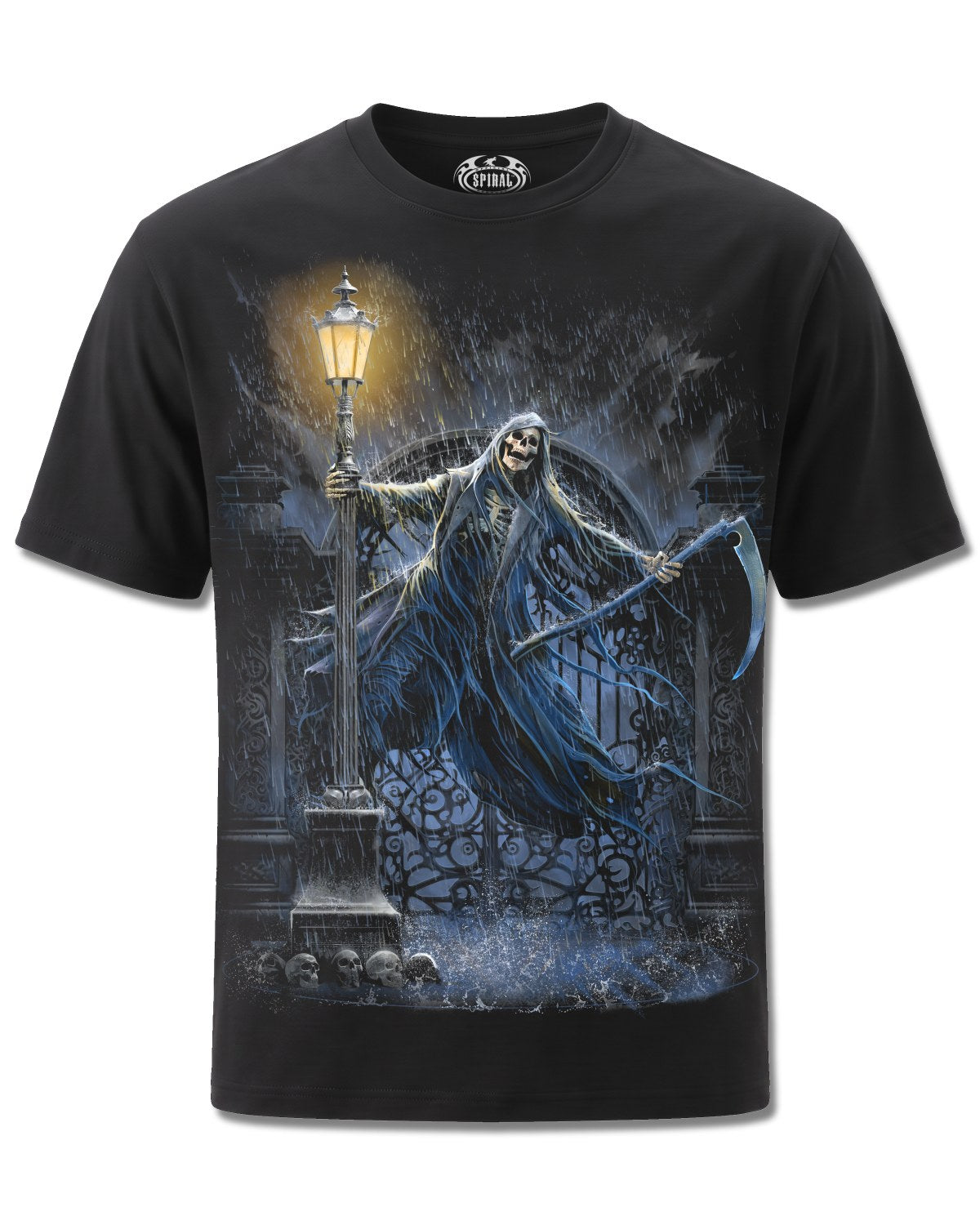 Spiral Reaping In The Rain design, front view on Black M121, Rock Off Retail official merch