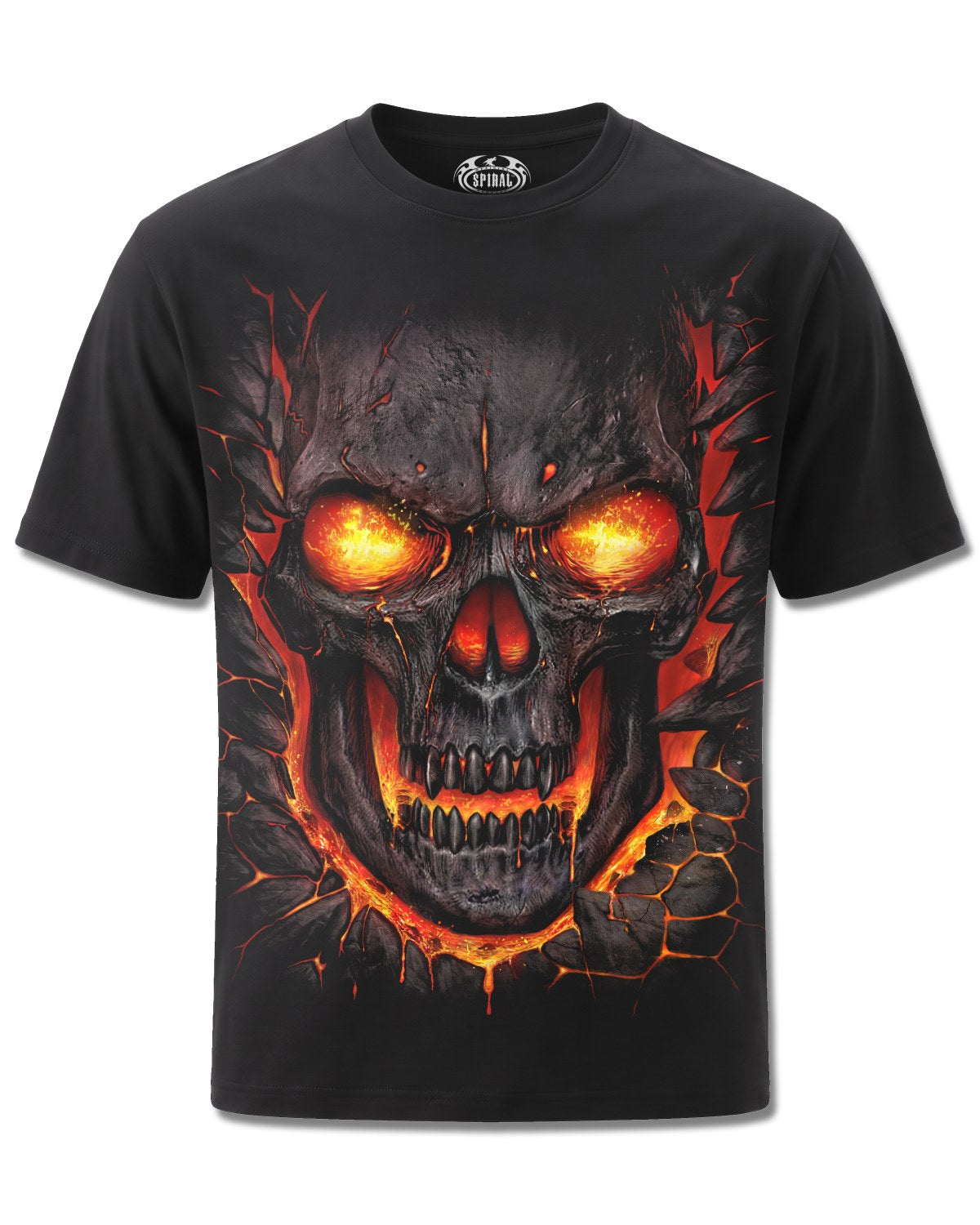 Spiral Skull Lava design, front view on Black M121, Rock Off Retail official merch