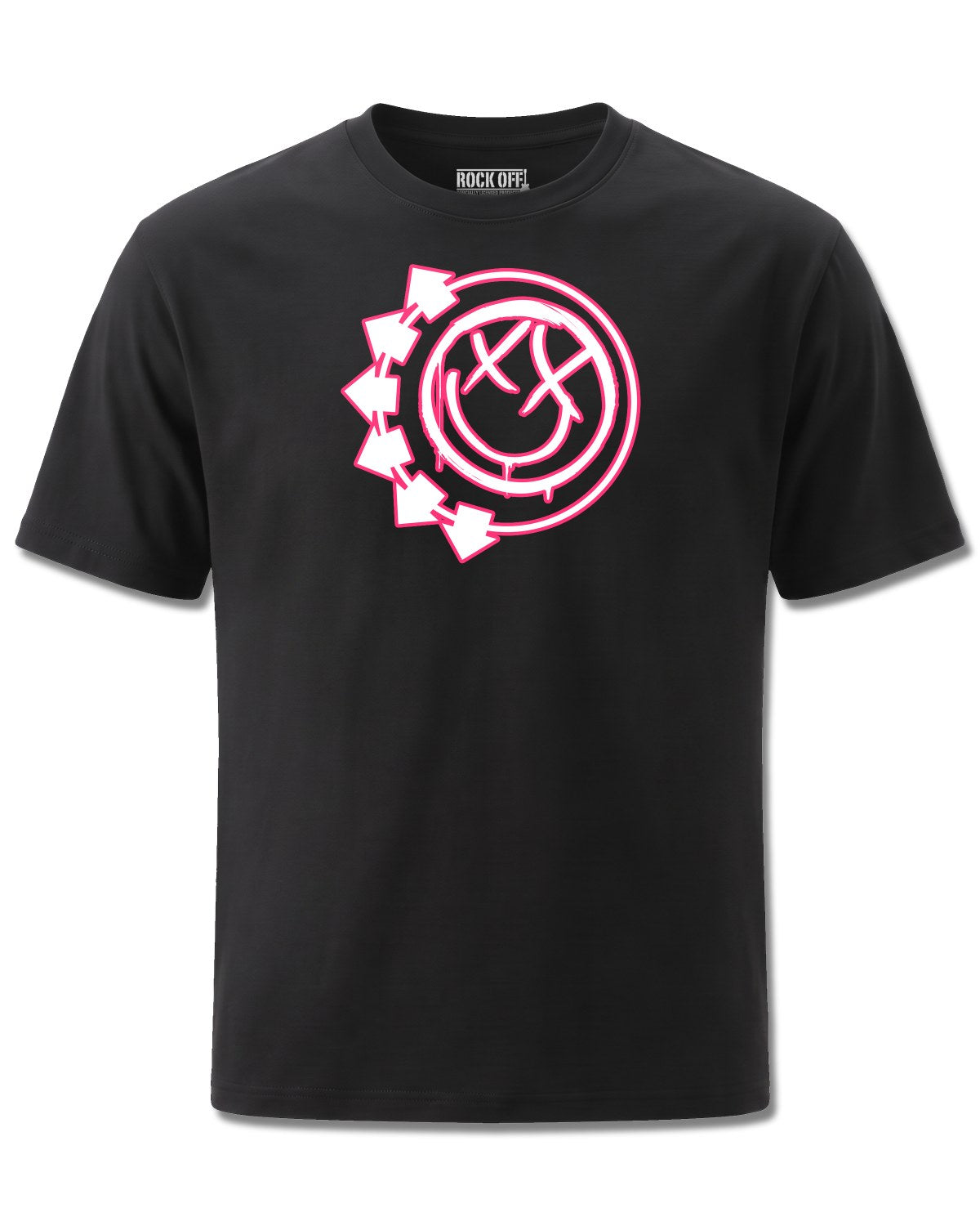 Blink-182 Six Arrow Smile (blink-182) design, front view on Black M121, Rock Off Retail official merch