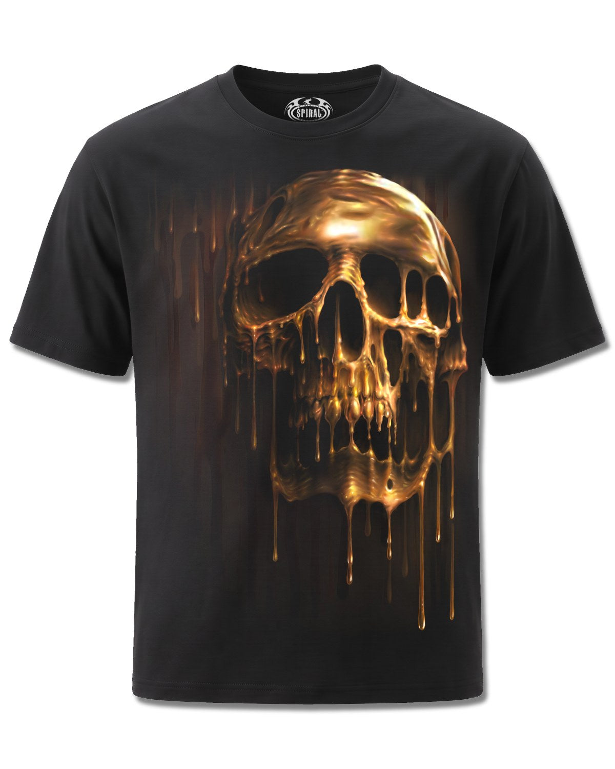 Spiral Dripping Gold design, front view on Black M121, Rock Off Retail official merch