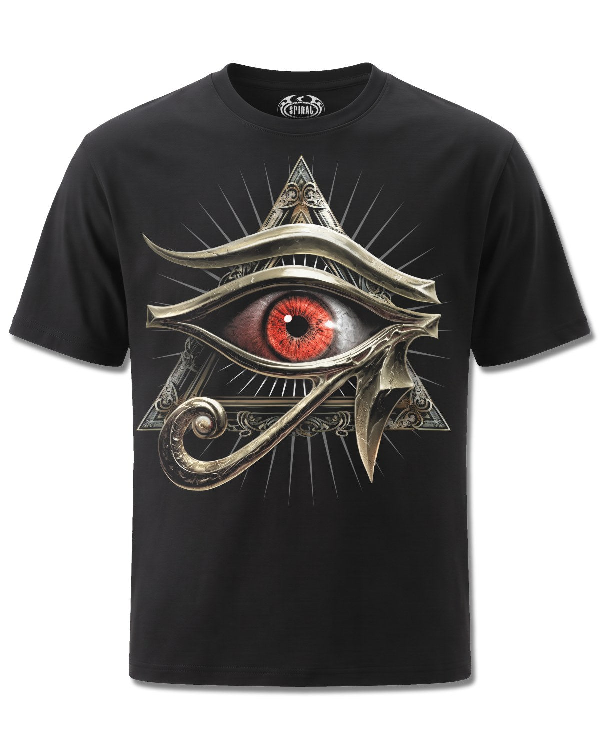 Spiral Evil Eye design, front view on Black M121, Rock Off Retail official merch