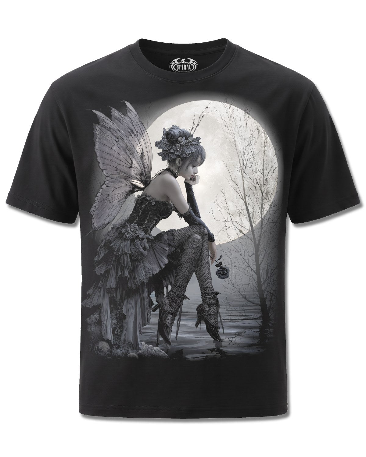 Spiral Reflections design, front view on Black M121, Rock Off Retail official merch