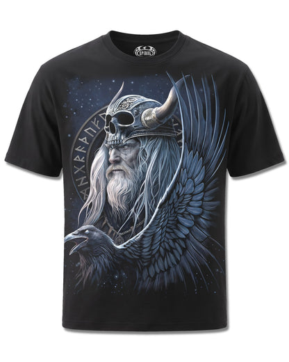 Spiral Odin's Warrior design, front view on Black M121, Rock Off Retail official merch