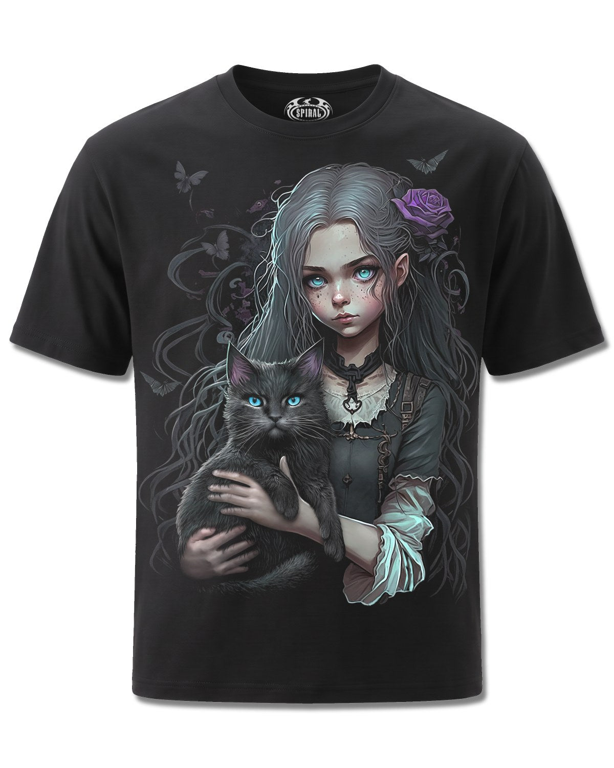 Spiral Goth Familiar design, front view on Black M121, Rock Off Retail official merch