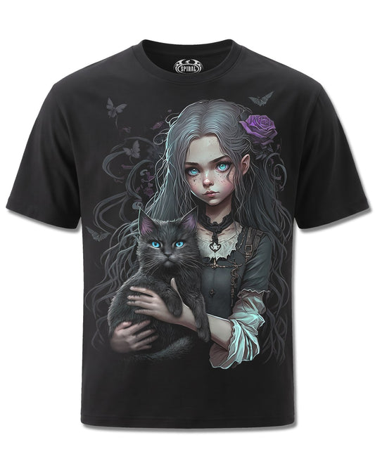 Spiral Goth Familiar design, front view on Black M121, Rock Off Retail official merch
