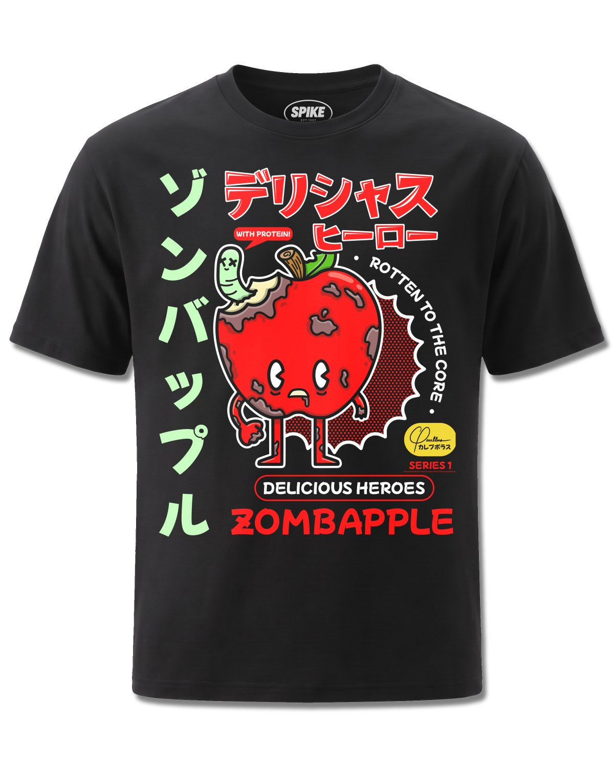 Delicious Heroes Zombapple (Delicious Heroes) design, front view on Black M121, Rock Off Retail official merch