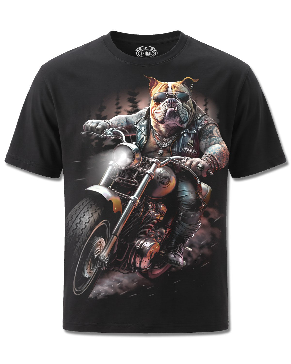 Spiral Top Dog design, front view on Black M121, Rock Off Retail official merch