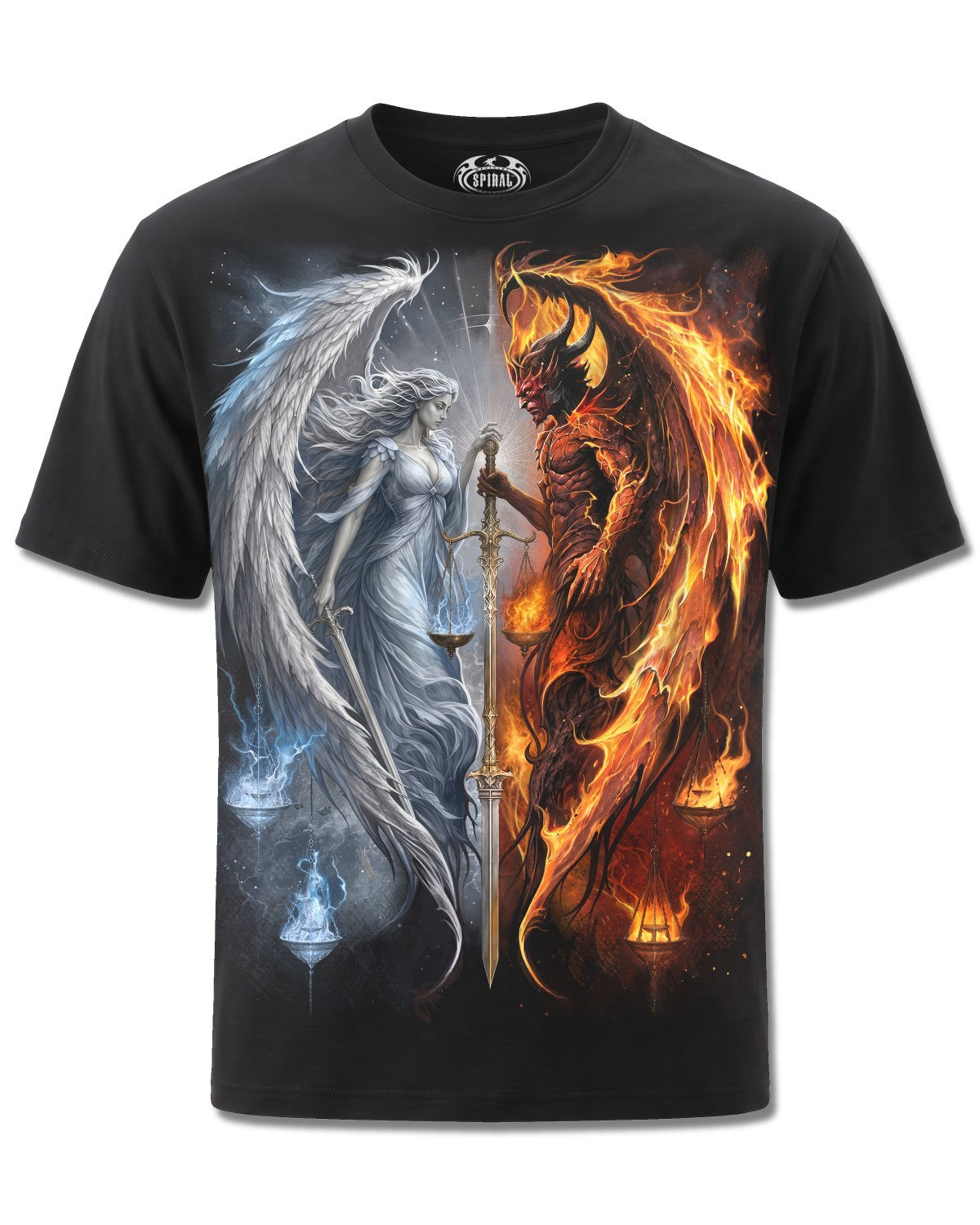 Spiral Angel & Demon design, front view on Black M121, Rock Off Retail official merch