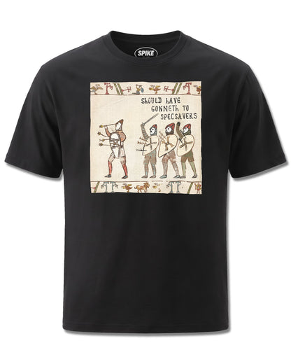Hysterical Heritage Specsavers (Hysterical Heritage) design, front view on Black M121, Rock Off Retail official merch
