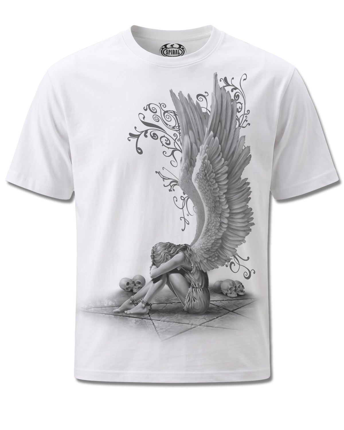 Spiral Enslaved Angel design, front view on White M137, Rock Off Retail official merch