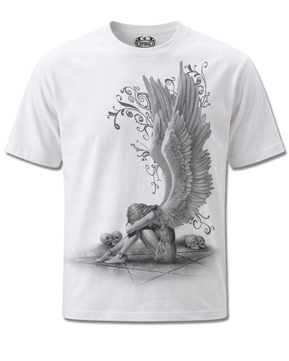 Spiral Enslaved Angel design, front view on White M137, Rock Off Retail official merch