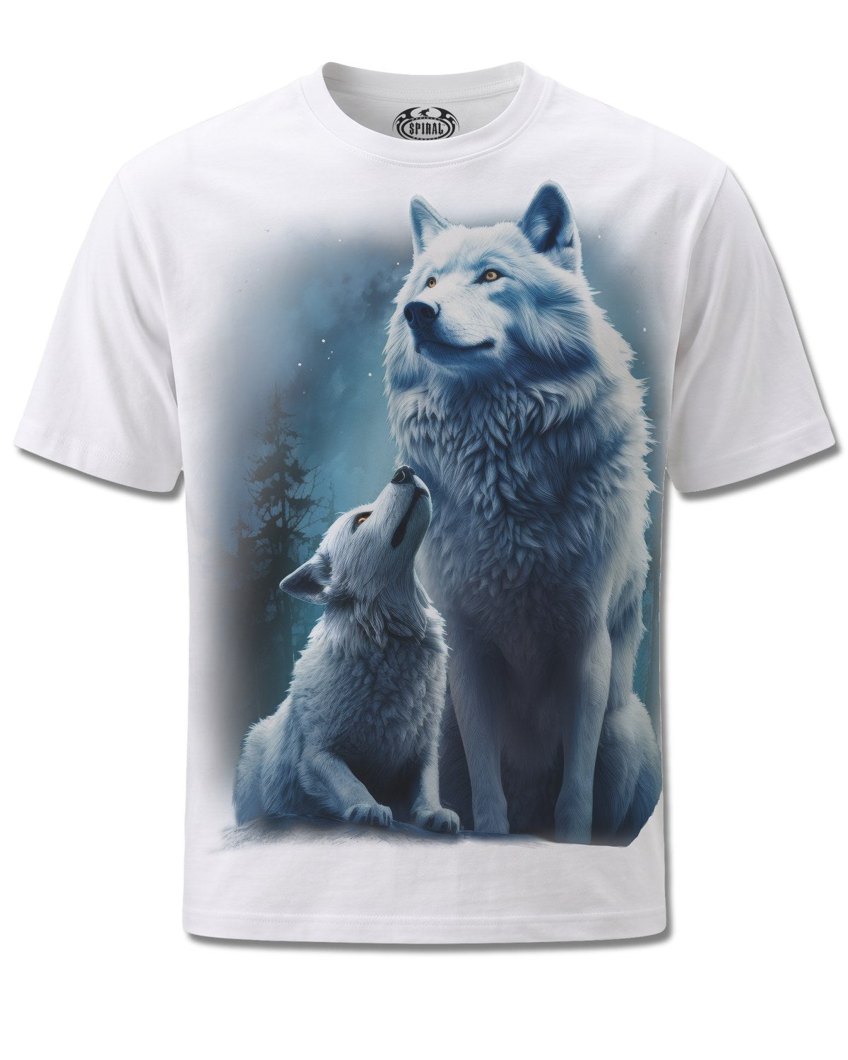 Spiral Wolf Guardian design, front view on White M137, Rock Off Retail official merch