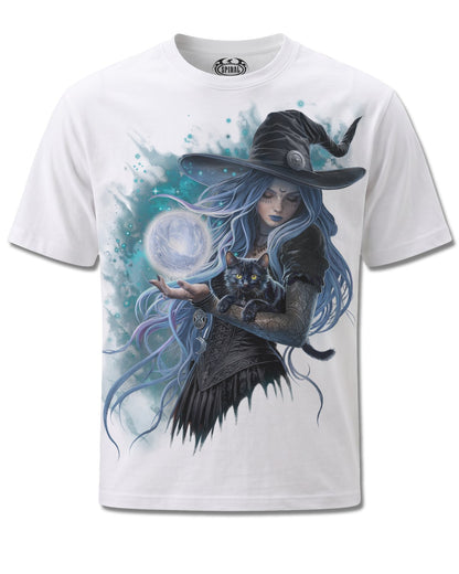 Spiral Mystic Moon design, front view on White M137, Rock Off Retail official merch