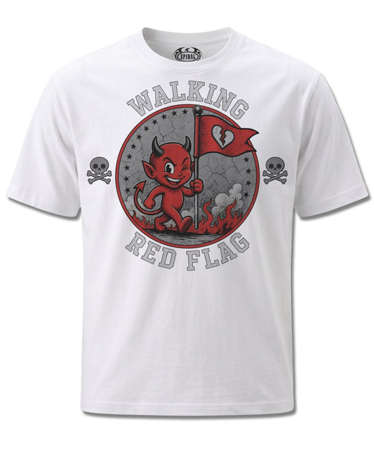 Spiral Red Flag design, front view on White M137, Rock Off Retail official merch