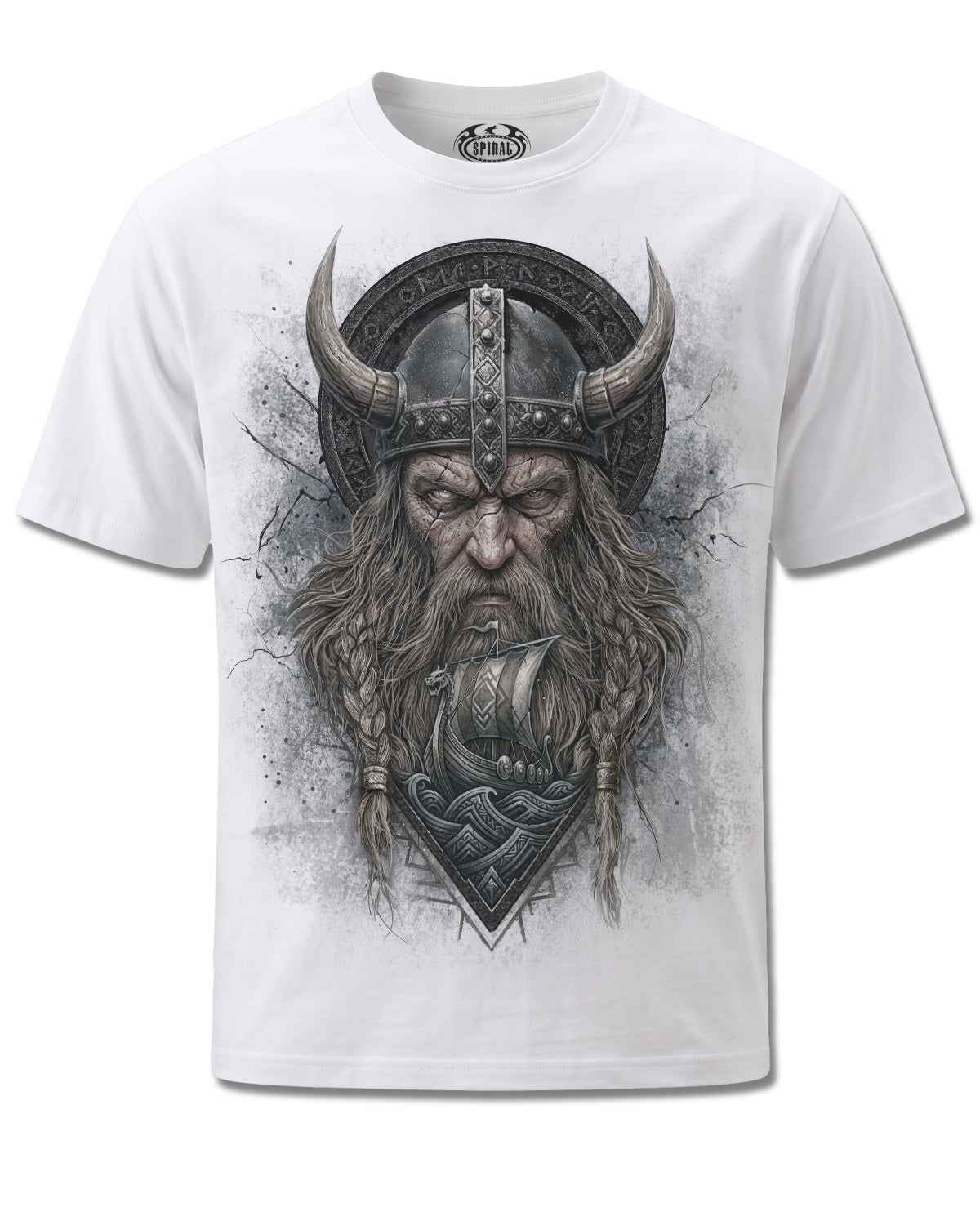 Spiral Viking Norseman design, front view on White M137, Rock Off Retail official merch