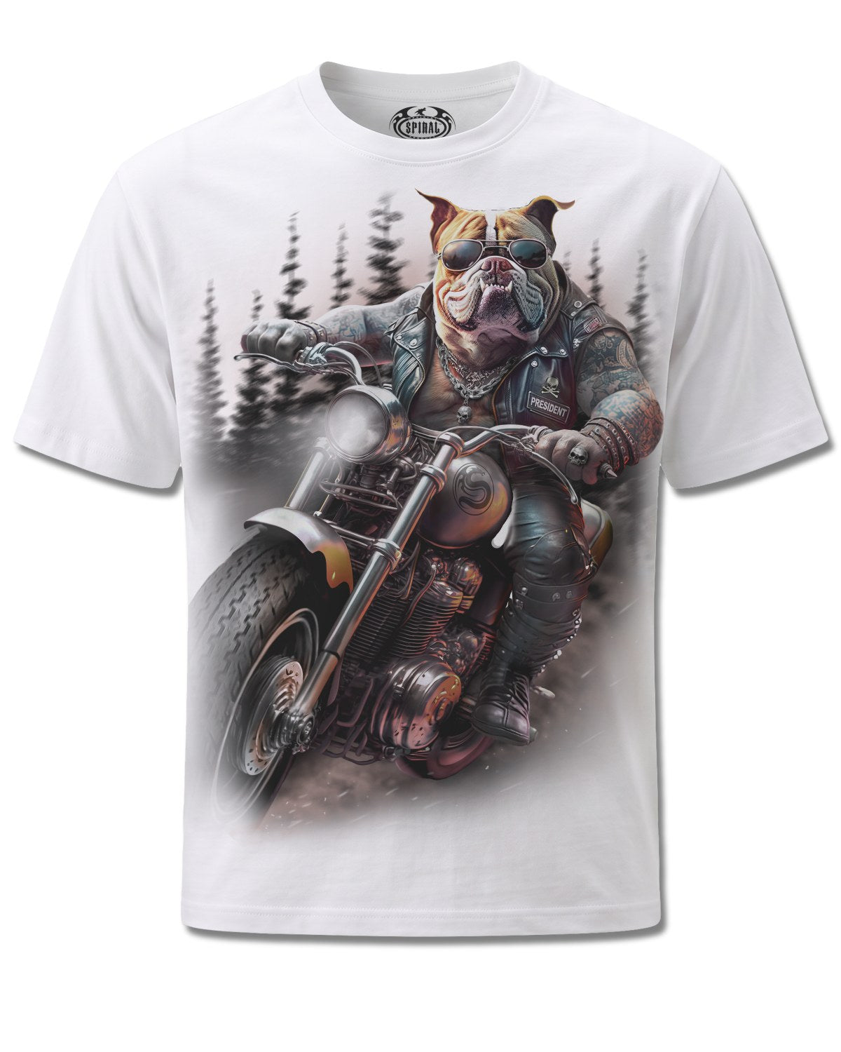 Spiral Top Dog design, front view on White M137, Rock Off Retail official merch
