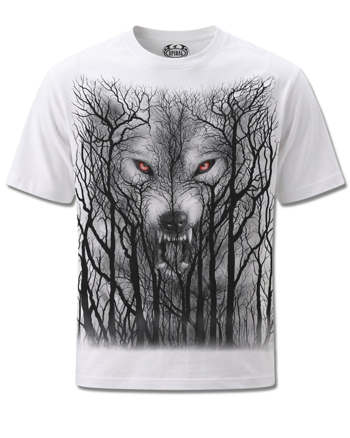 Spiral Forest Wolf design, front view on White M137, Rock Off Retail official merch