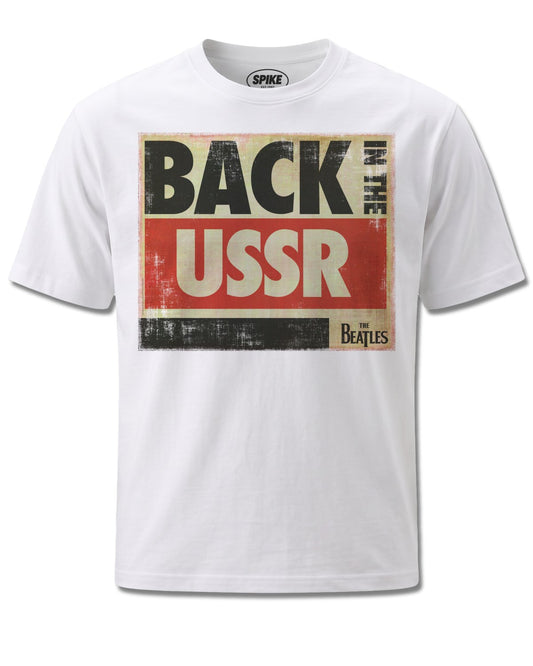 Beatles Back In The Ussr (The Beatles) design, front view on White M137, Rock Off Retail official merch